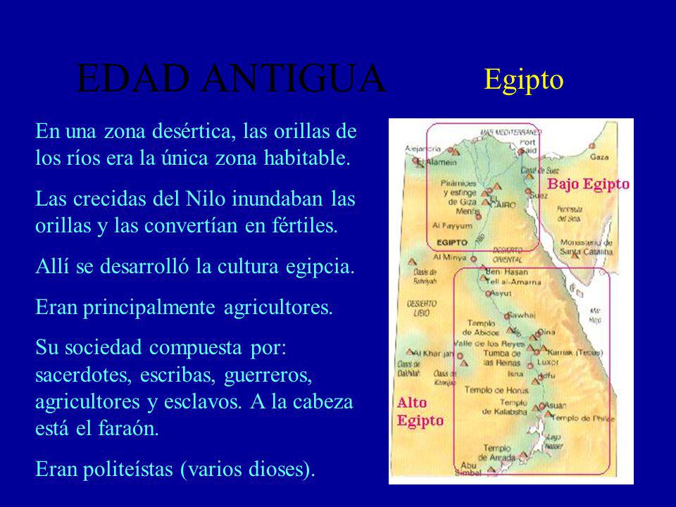 EDAD ANTIGUA Egipto. En una zona desértica, las orillas de los ríos era la única zona habitable.