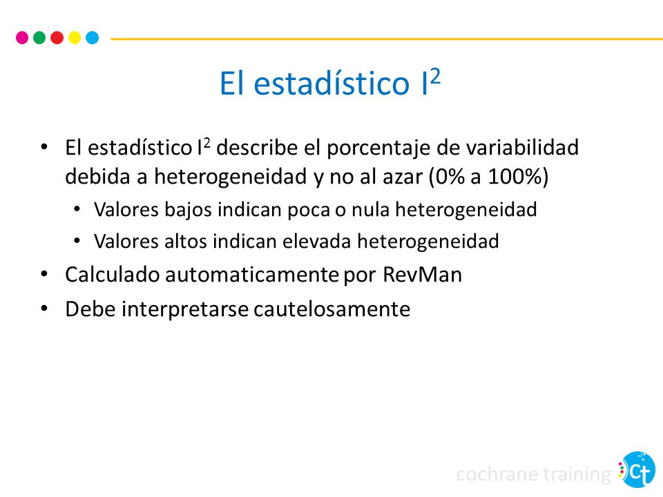El estadístico I2 El estadístico I2 describe el porcentaje de variabilidad debida a heterogeneidad y no al azar (0% a 100%)