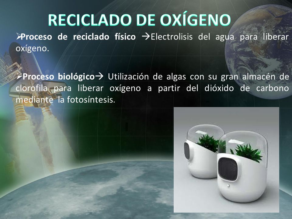 RECICLADO DE OXÍGENO Proceso de reciclado físico Electrolisis del agua para liberar oxígeno.