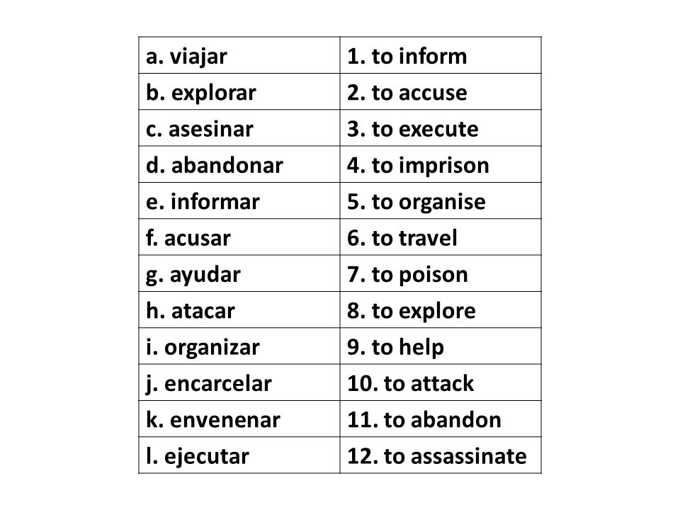 a. viajar 1. to inform b. explorar 2. to accuse c. asesinar