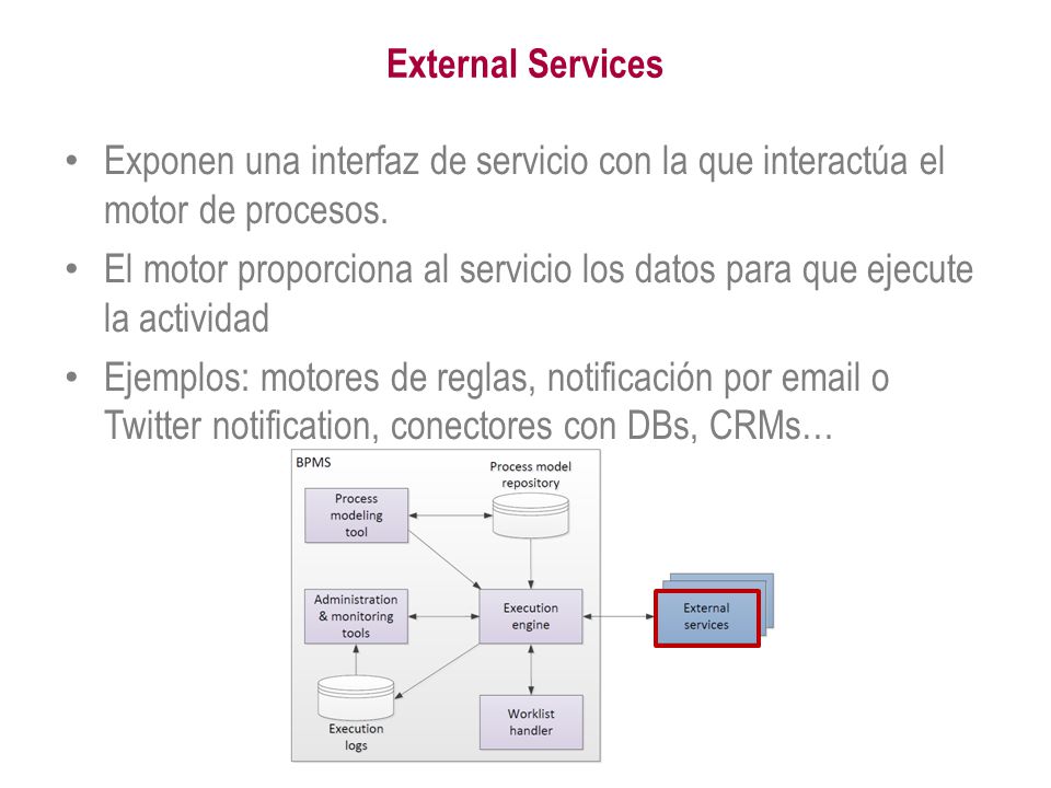 External Services Exponen una interfaz de servicio con la que interactúa el motor de procesos.