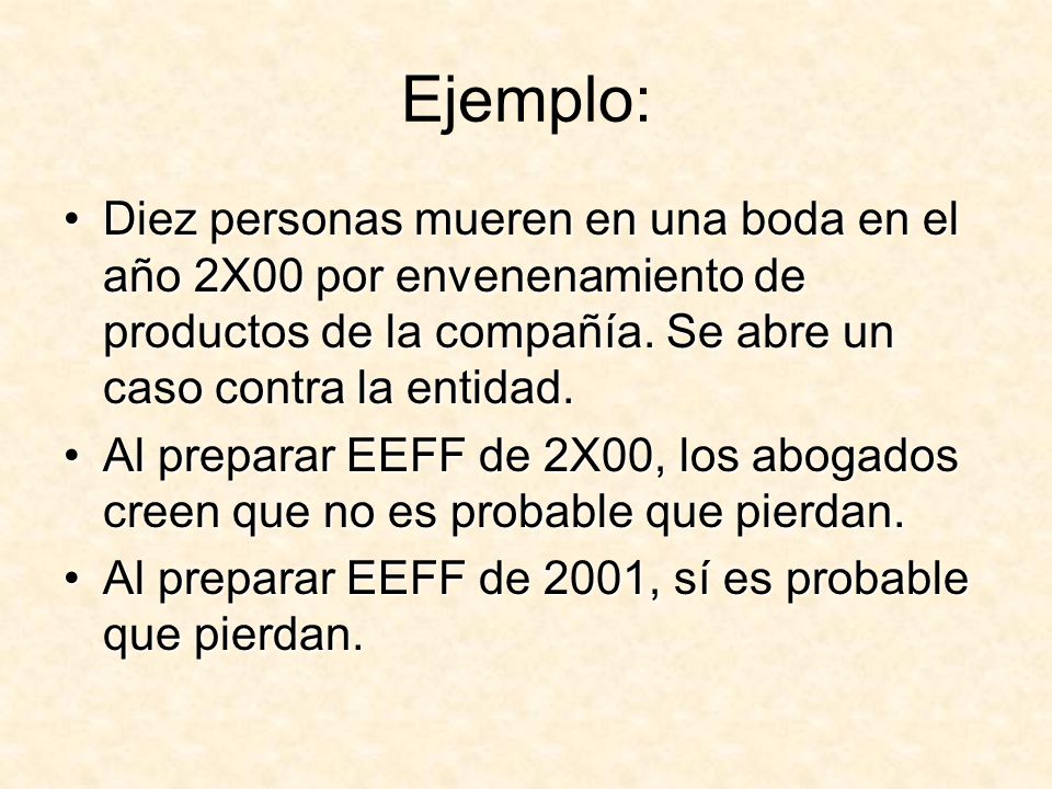 Ejemplo: Diez personas mueren en una boda en el año 2X00 por envenenamiento de productos de la compañía. Se abre un caso contra la entidad.