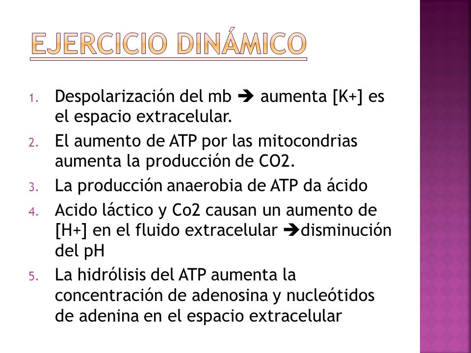 ejercicio dinámico Despolarización del mb  aumenta [K+] es el espacio extracelular.