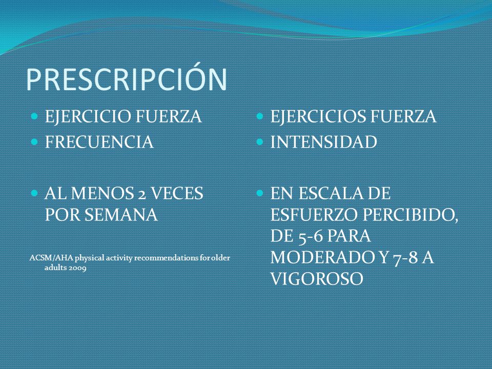 PRESCRIPCIÓN EJERCICIO FUERZA FRECUENCIA AL MENOS 2 VECES POR SEMANA