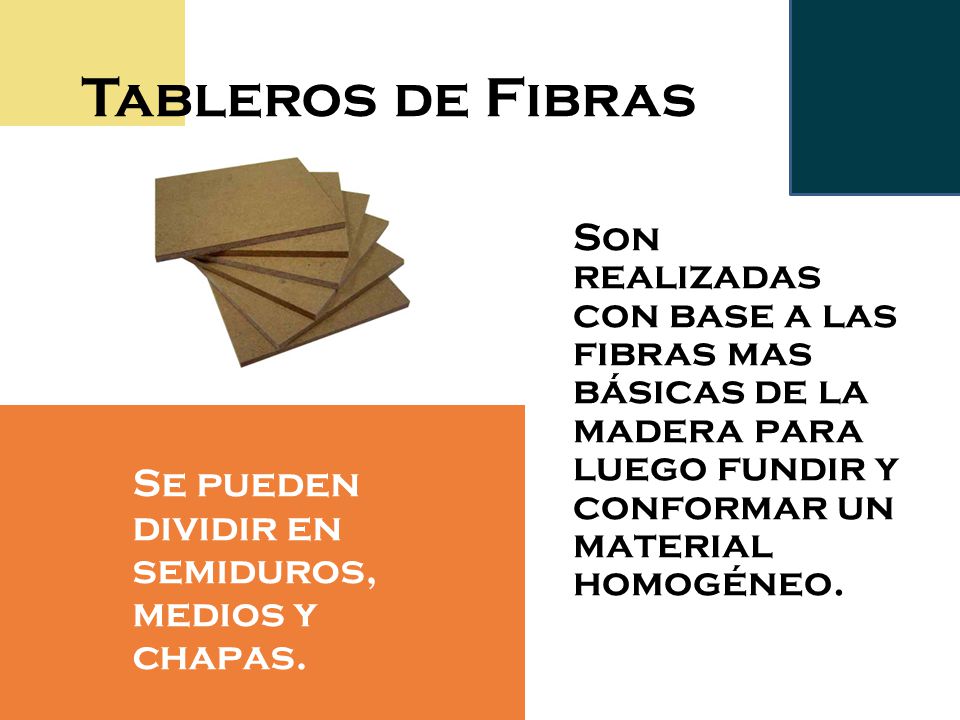 Tableros de Fibras Son realizadas con base a las fibras mas básicas de la madera para luego fundir y conformar un material homogéneo.