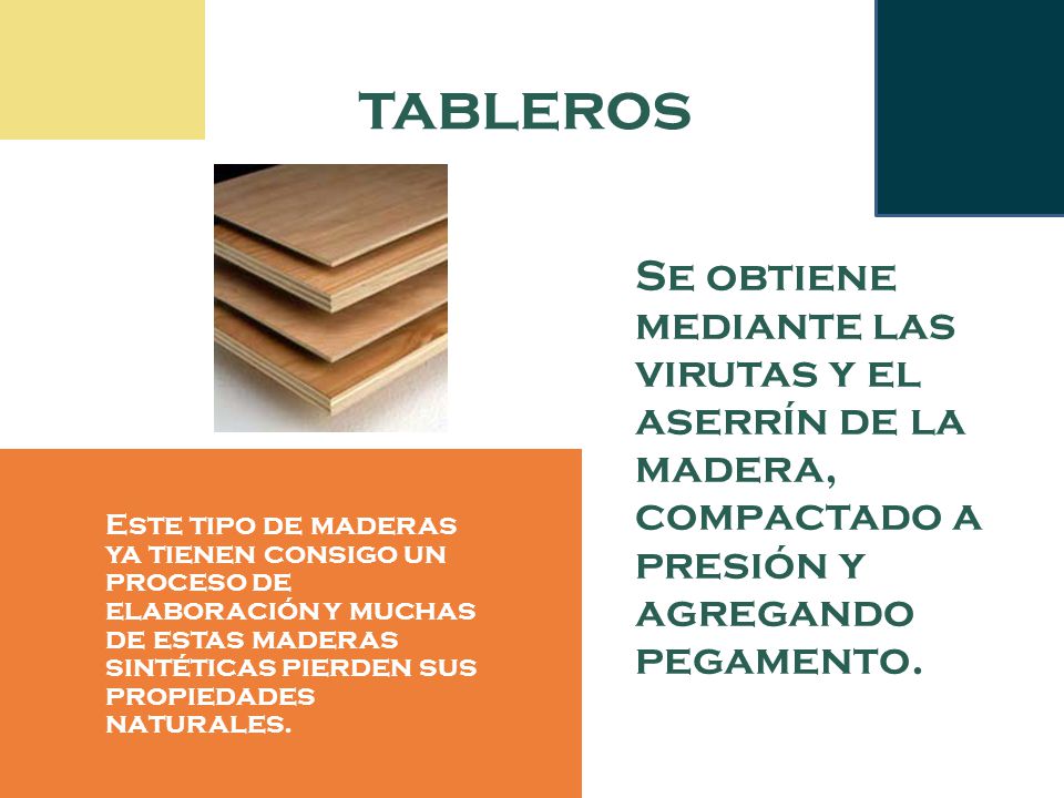 tableros Se obtiene mediante las virutas y el aserrín de la madera, compactado a presión y agregando pegamento.