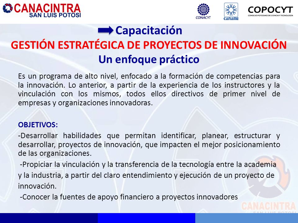 Capacitación GESTIÓN ESTRATÉGICA DE PROYECTOS DE INNOVACIÓN Un enfoque práctico