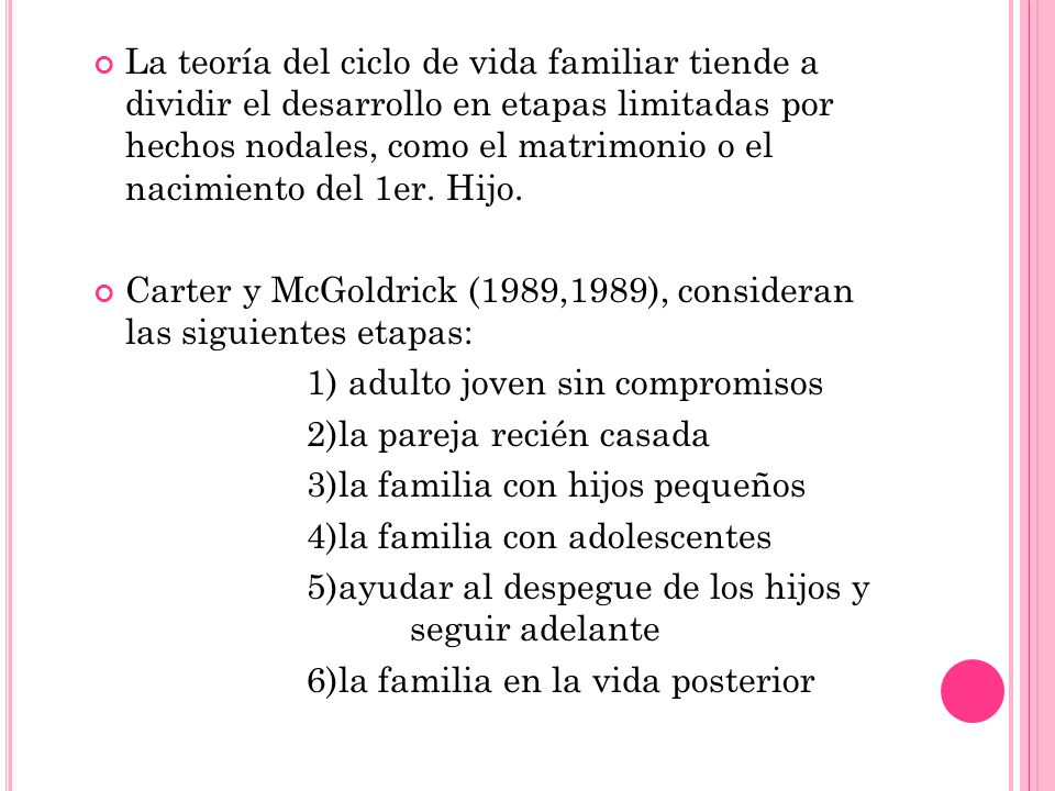 La teoría del ciclo de vida familiar tiende a dividir el desarrollo en etapas limitadas por hechos nodales, como el matrimonio o el nacimiento del 1er. Hijo.