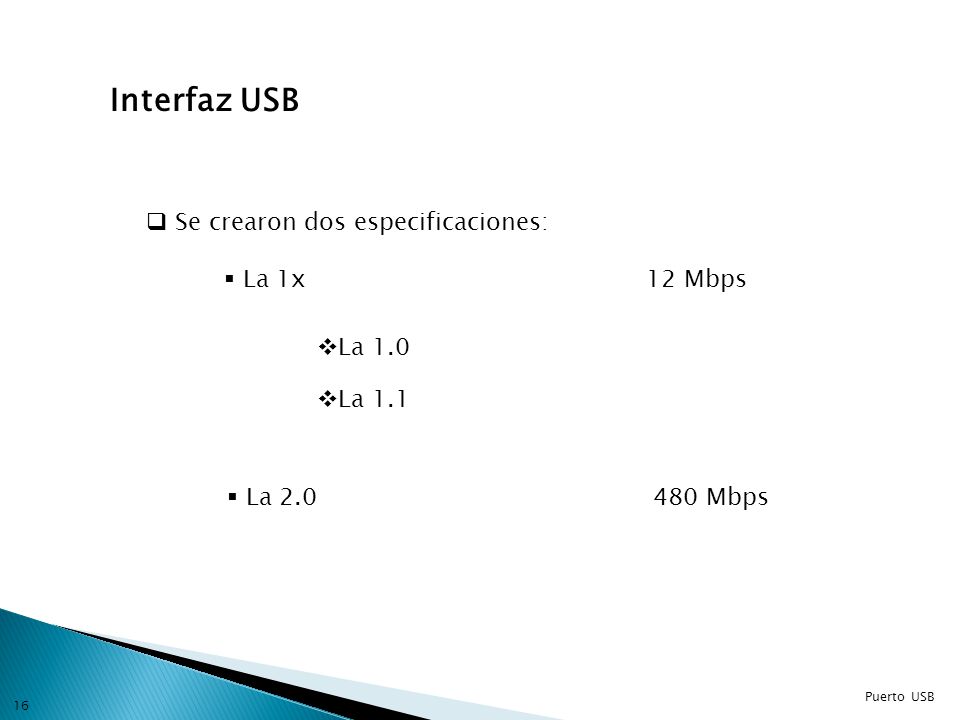 Interfaz USB Se crearon dos especificaciones: La 1x 12 Mbps La 1.0