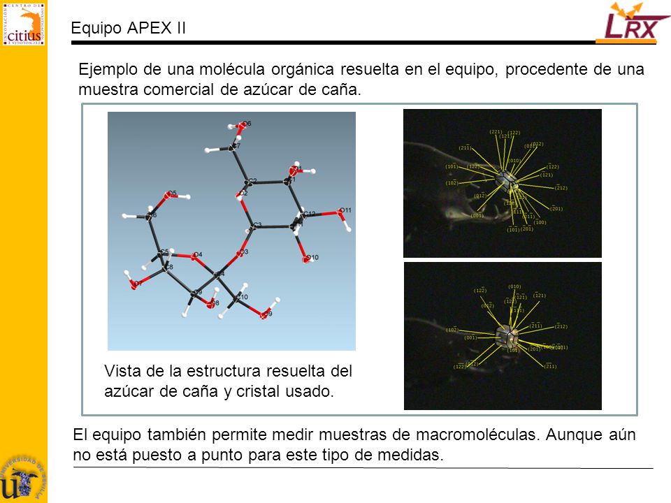 Equipo APEX II Ejemplo de una molécula orgánica resuelta en el equipo, procedente de una muestra comercial de azúcar de caña.