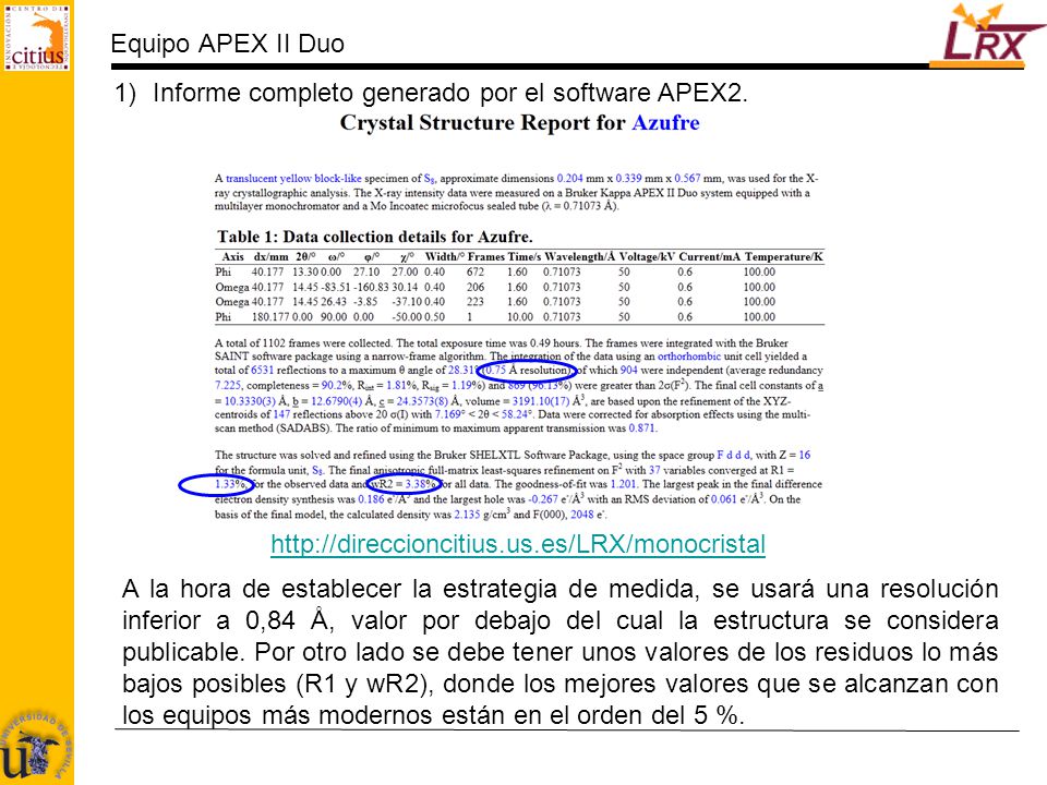 Equipo APEX II Duo Informe completo generado por el software APEX2.