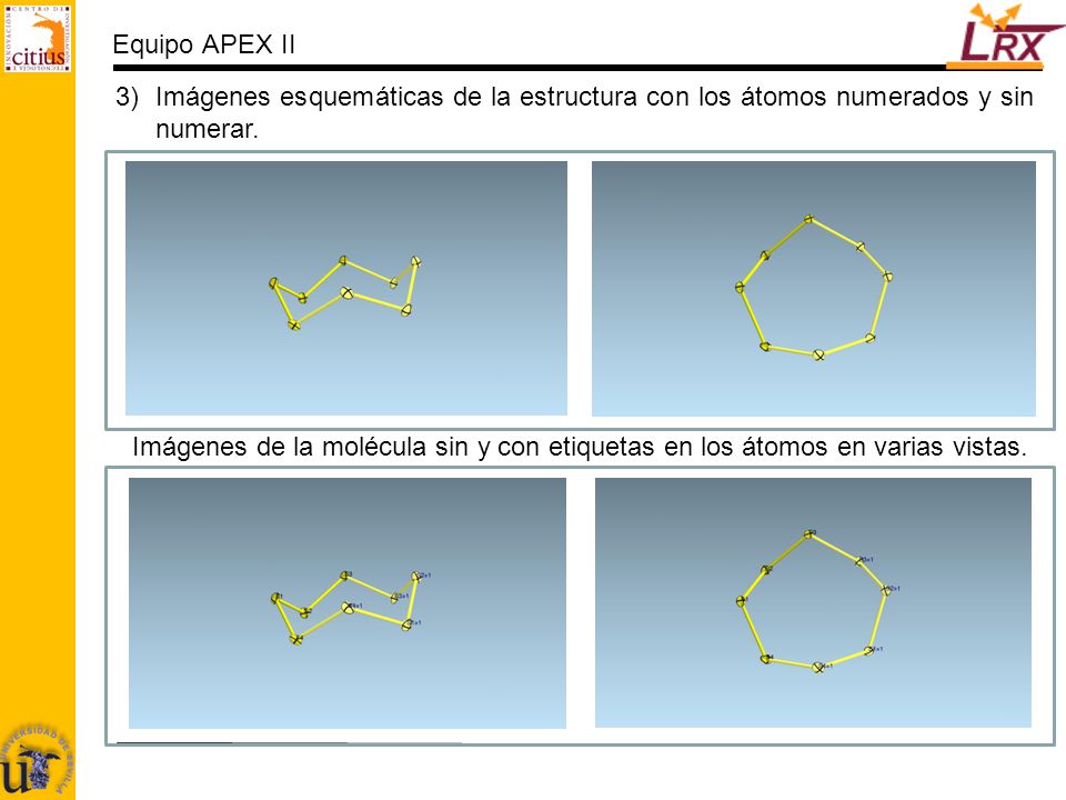 Equipo APEX II Imágenes esquemáticas de la estructura con los átomos numerados y sin numerar.