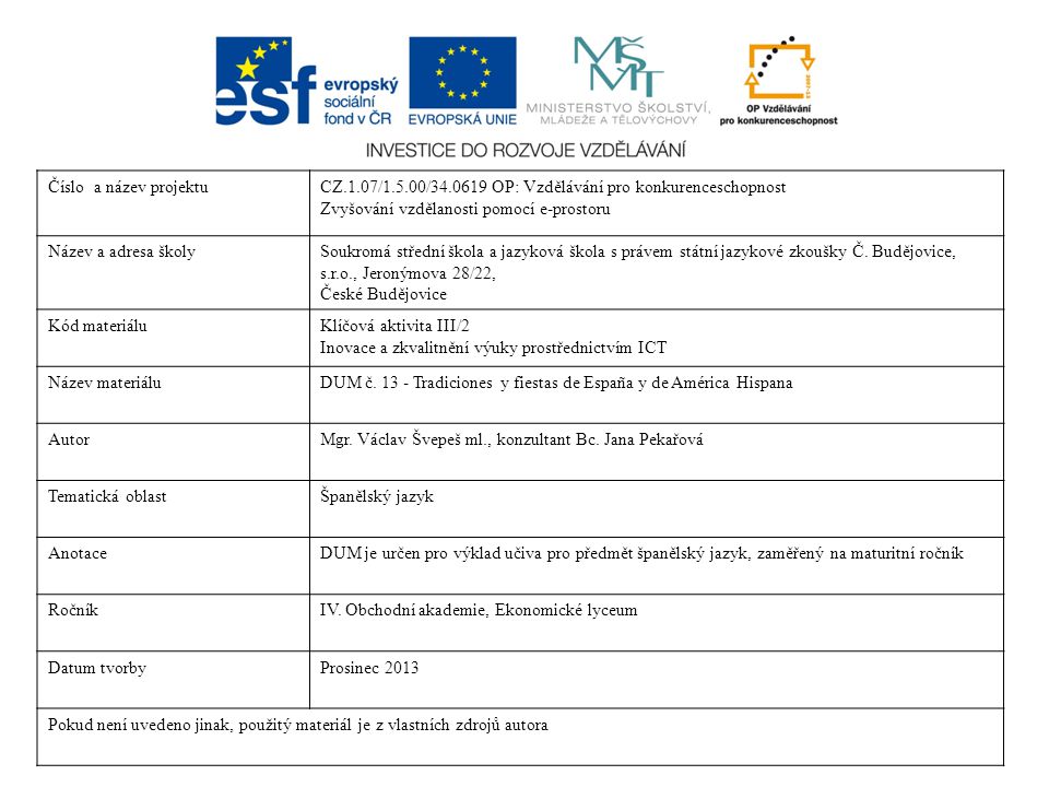 Číslo a název projektu CZ.1.07/1.5.00/ OP: Vzdělávání pro konkurenceschopnost. Zvyšování vzdělanosti pomocí e-prostoru.