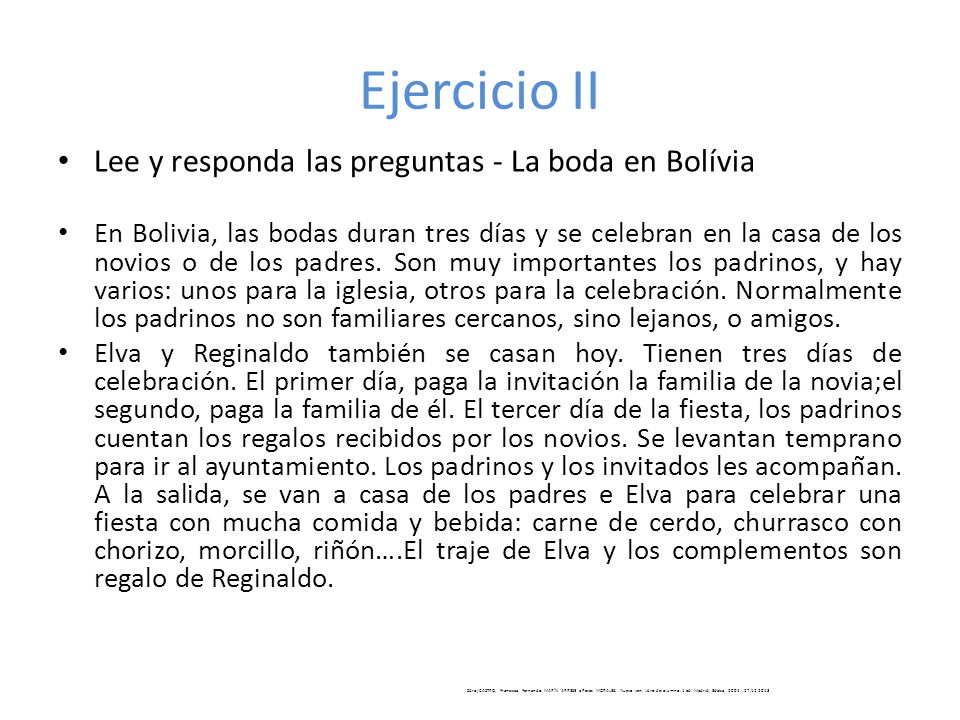 Ejercicio II Lee y responda las preguntas - La boda en Bolívia