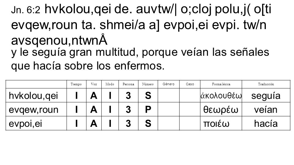 Jn. 6:2 hvkolou,qei de. auvtw/| o;cloj polu,j( o[ti evqew,roun ta