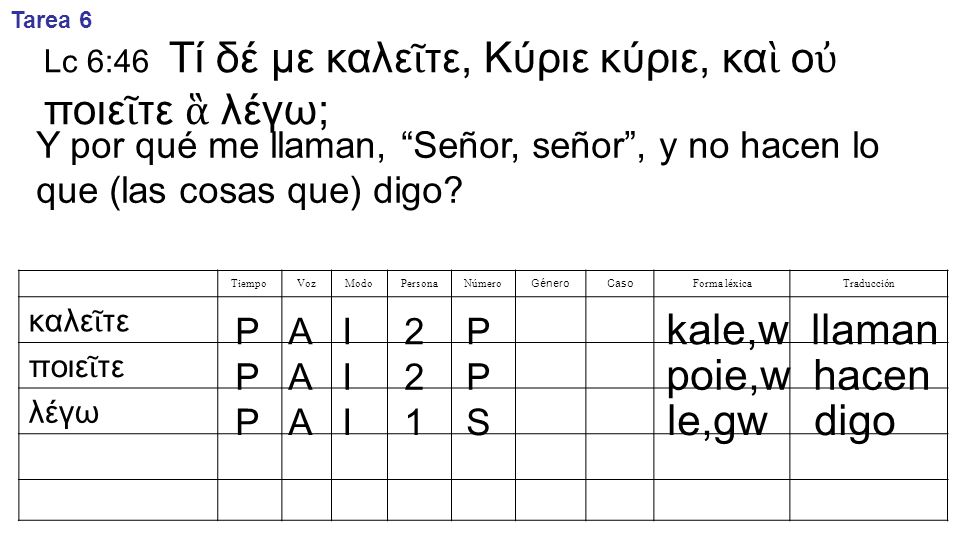 Tarea 6 Lc 6:46 Τί δέ με καλεῖτε, Κύριε κύριε, καὶ οὐ ποιεῖτε ἃ λέγω; Y por qué me llaman, Señor, señor , y no hacen lo que (las cosas que) digo