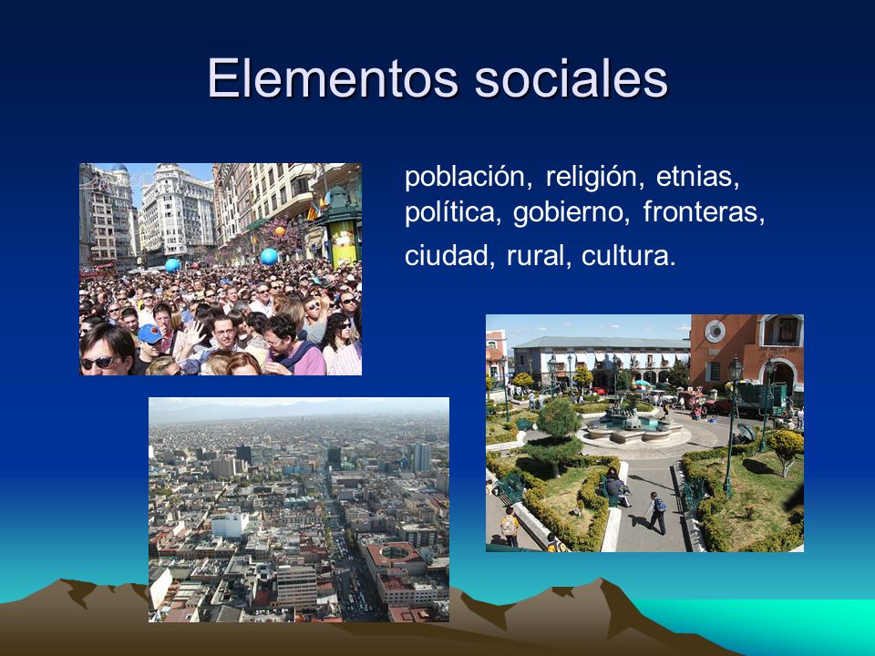 Elementos sociales población, religión, etnias, política, gobierno, fronteras, ciudad, rural, cultura.