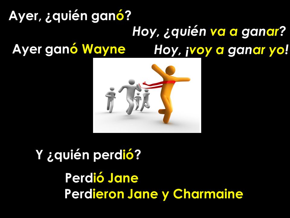 Ayer, ¿quién ganó Hoy, ¿quién va a ganar Ayer ganó Wayne. Hoy, ¡voy a ganar yo! Y ¿quién perdió