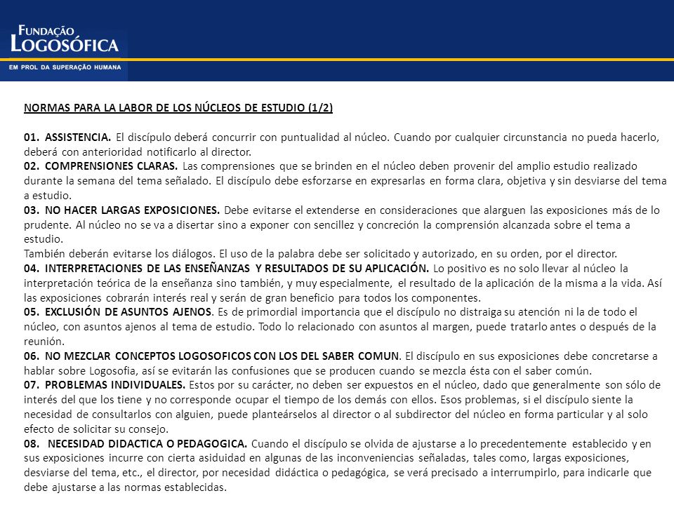 NORMAS PARA LA LABOR DE LOS NÚCLEOS DE ESTUDIO (1/2)