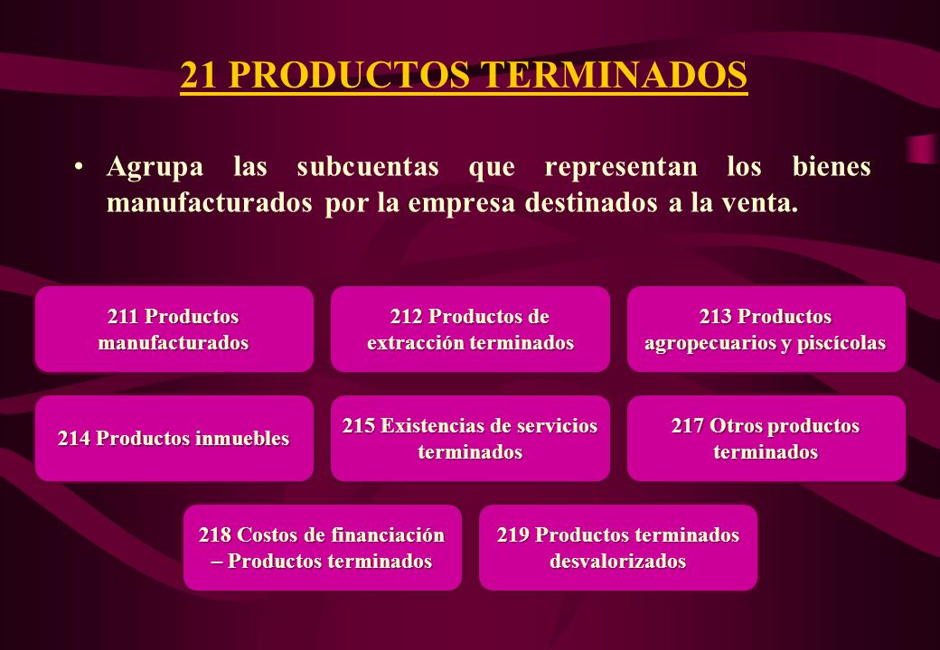 21 PRODUCTOS TERMINADOS Agrupa las subcuentas que representan los bienes manufacturados por la empresa destinados a la venta.