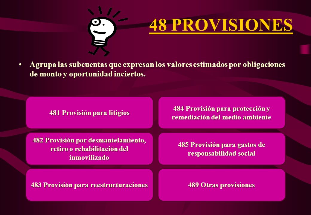 48 PROVISIONES Agrupa las subcuentas que expresan los valores estimados por obligaciones de monto y oportunidad inciertos.