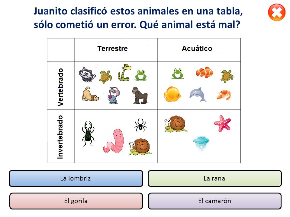 Juanito clasificó estos animales en una tabla, sólo cometió un error
