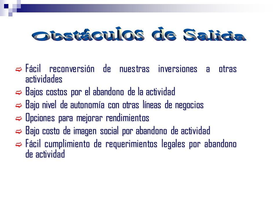 Obstáculos de Salida Fácil reconversión de nuestras inversiones a otras actividades. Bajos costos por el abandono de la actividad.