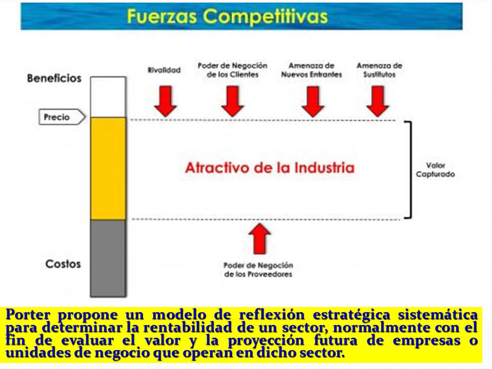 Porter propone un modelo de reflexión estratégica sistemática para determinar la rentabilidad de un sector, normalmente con el fin de evaluar el valor y la proyección futura de empresas o unidades de negocio que operan en dicho sector.