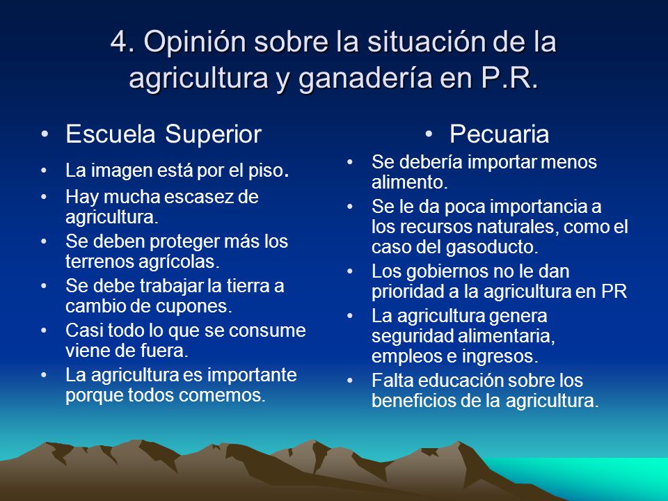 4. Opinión sobre la situación de la agricultura y ganadería en P.R.