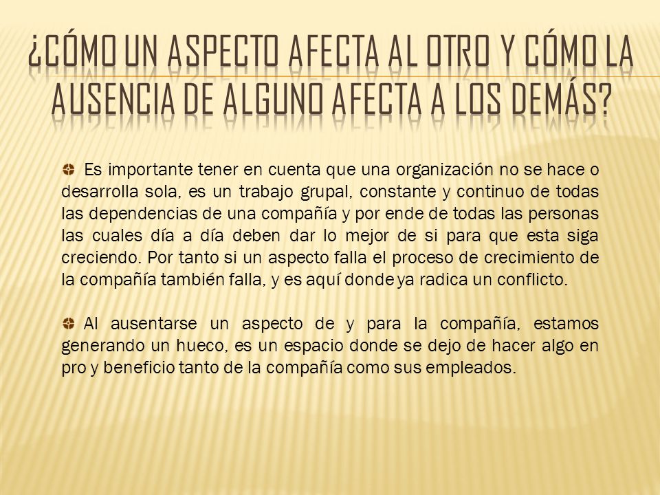¿Cómo un aspecto afecta al otro y cómo la ausencia de alguno afecta a los demás