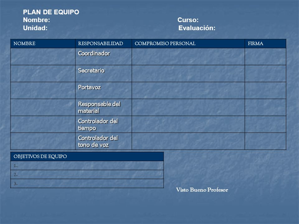 PLAN DE EQUIPO Nombre: Curso: Unidad: Evaluación: Coordinador