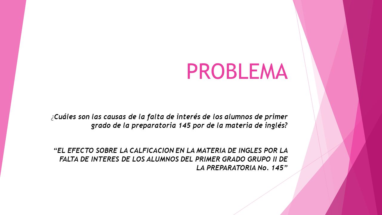PROBLEMA ¿Cuáles son las causas de la falta de interés de los alumnos de primer grado de la preparatoria 145 por de la materia de inglés