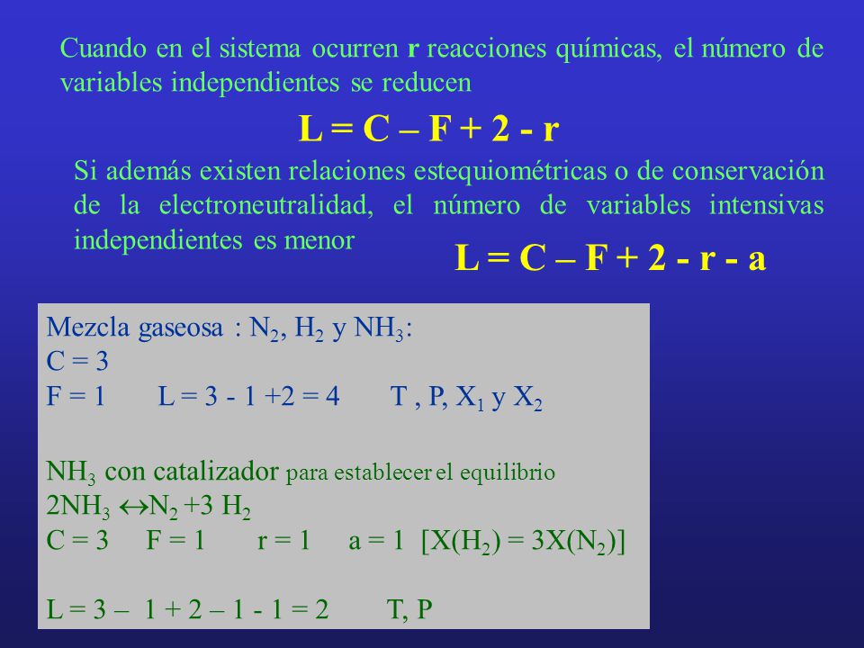 Cuando en el sistema ocurren r reacciones químicas, el número de variables independientes se reducen