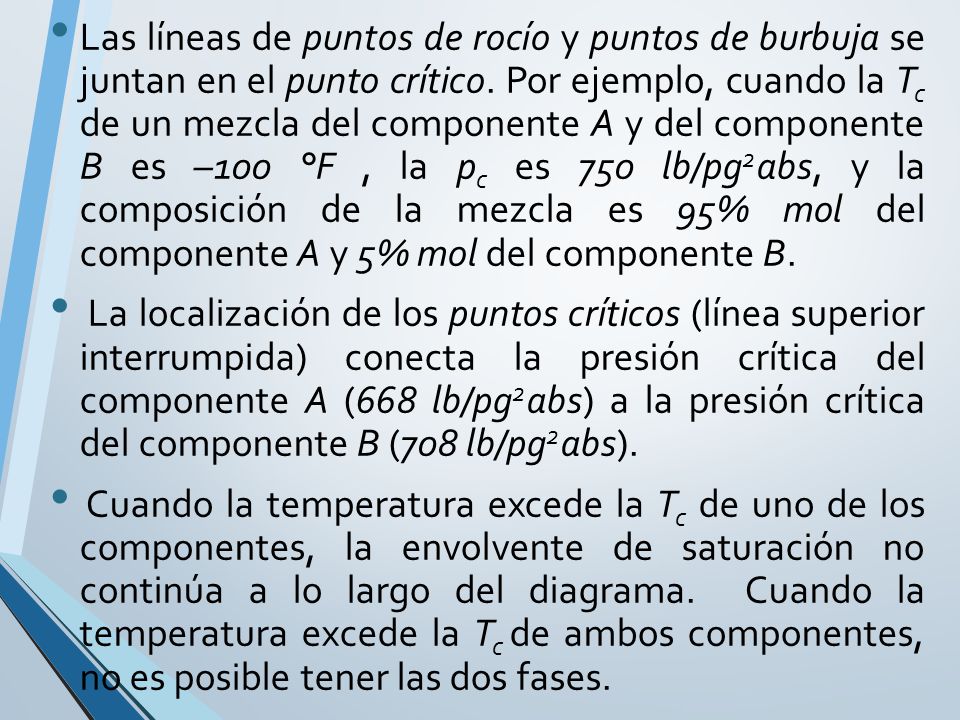 Las líneas de puntos de rocío y puntos de burbuja se juntan en el punto crítico. Por ejemplo, cuando la Tc de un mezcla del componente A y del componente B es –100 °F , la pc es 750 lb/pg2abs, y la composición de la mezcla es 95% mol del componente A y 5% mol del componente B.