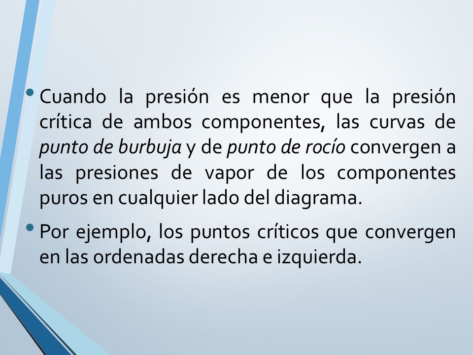 Cuando la presión es menor que la presión crítica de ambos componentes, las curvas de punto de burbuja y de punto de rocío convergen a las presiones de vapor de los componentes puros en cualquier lado del diagrama.