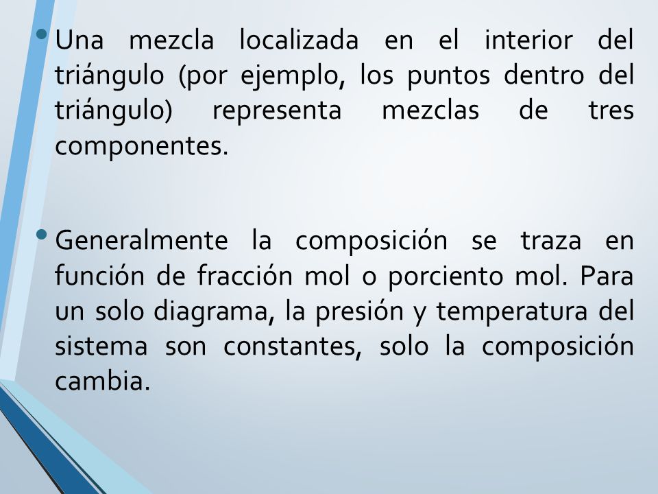 Una mezcla localizada en el interior del triángulo (por ejemplo, los puntos dentro del triángulo) representa mezclas de tres componentes.