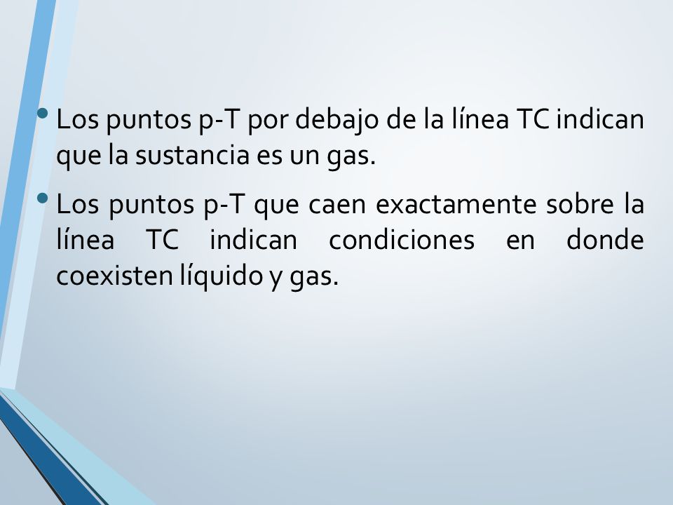 Los puntos p-T por debajo de la línea TC indican que la sustancia es un gas.