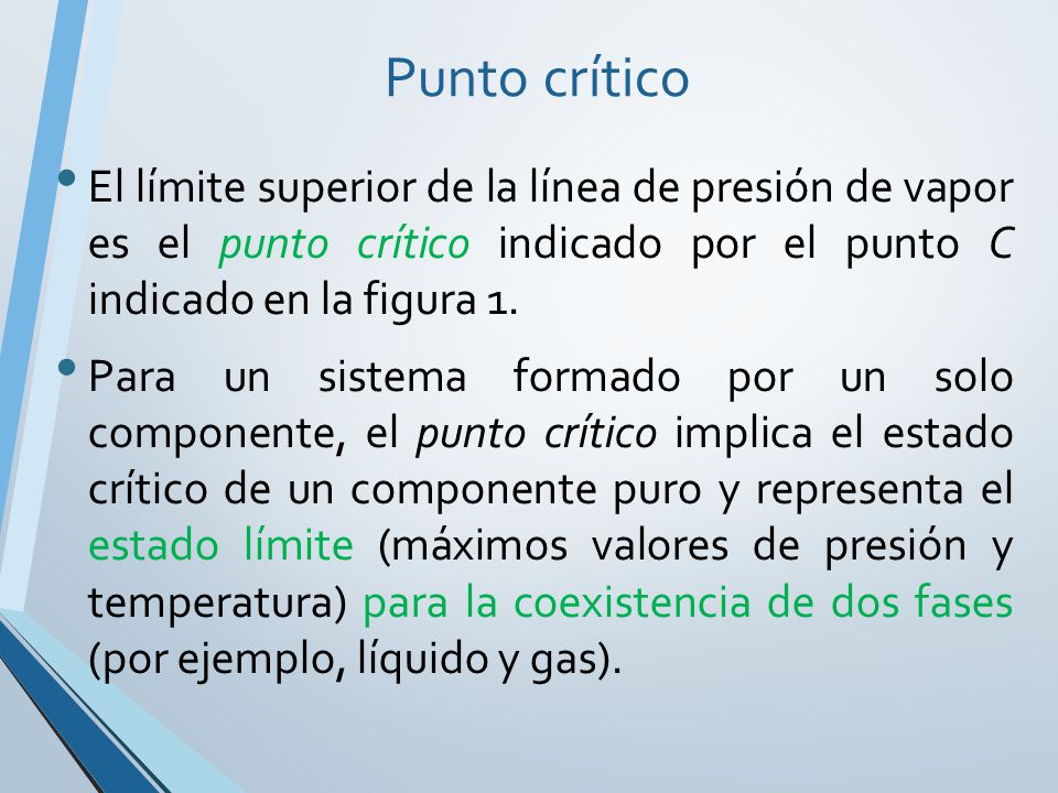 Punto crítico El límite superior de la línea de presión de vapor es el punto crítico indicado por el punto C indicado en la figura 1.