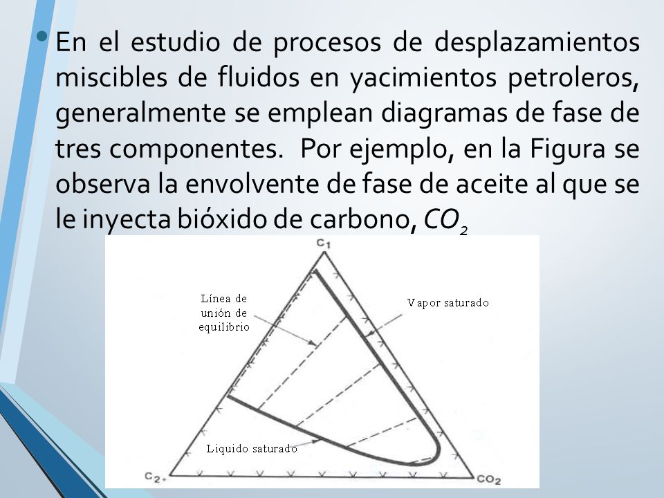 En el estudio de procesos de desplazamientos miscibles de fluidos en yacimientos petroleros, generalmente se emplean diagramas de fase de tres componentes.