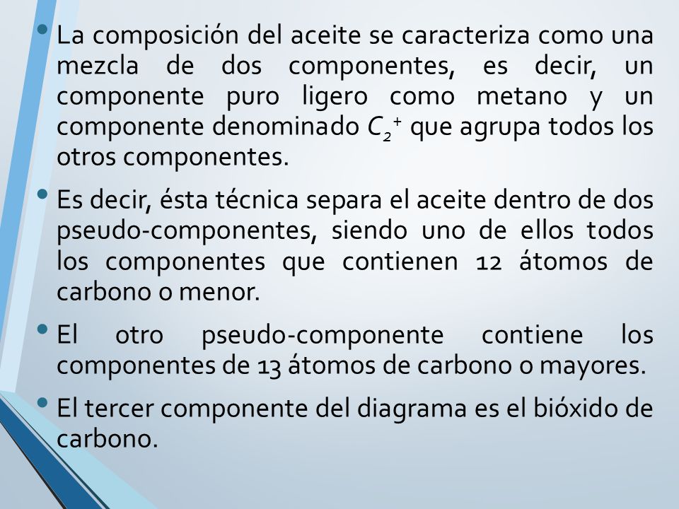 La composición del aceite se caracteriza como una mezcla de dos componentes, es decir, un componente puro ligero como metano y un componente denominado C2+ que agrupa todos los otros componentes.