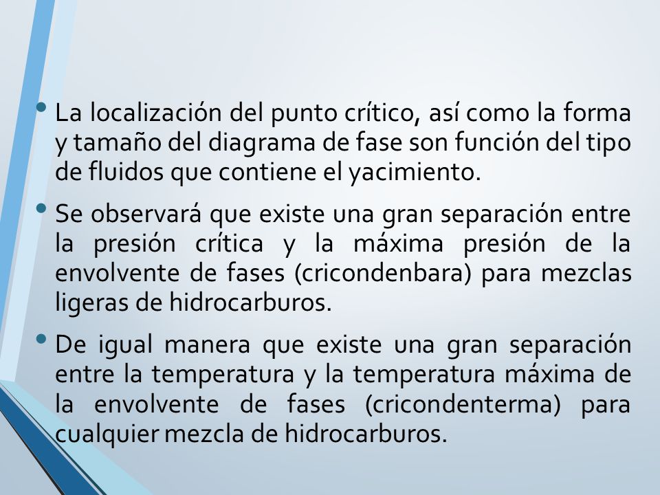 La localización del punto crítico, así como la forma y tamaño del diagrama de fase son función del tipo de fluidos que contiene el yacimiento.