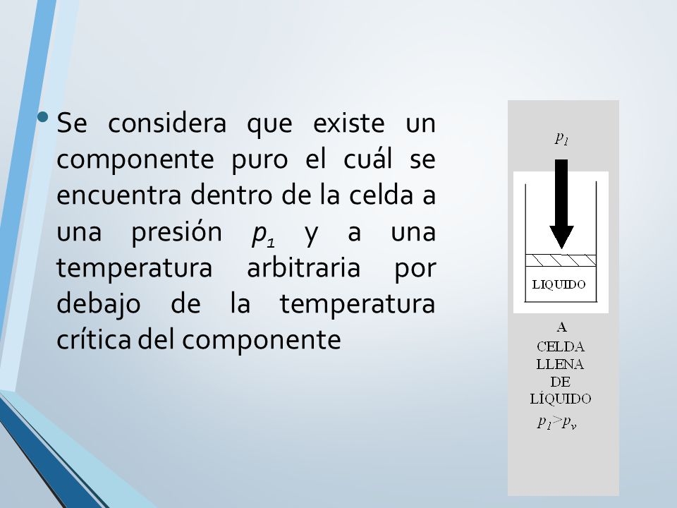 Se considera que existe un componente puro el cuál se encuentra dentro de la celda a una presión p1 y a una temperatura arbitraria por debajo de la temperatura crítica del componente