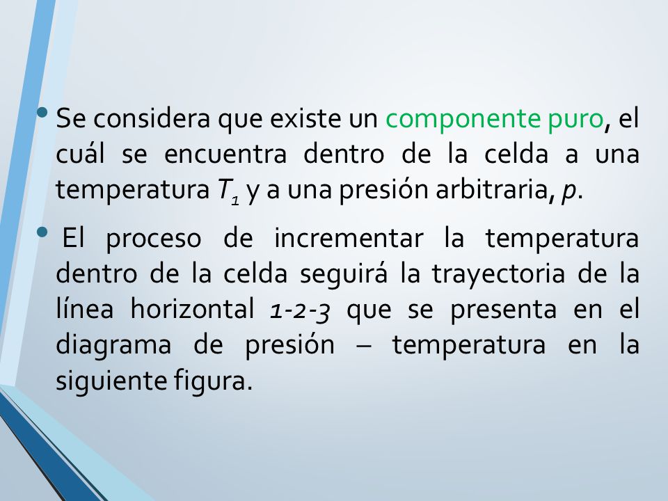 Se considera que existe un componente puro, el cuál se encuentra dentro de la celda a una temperatura T1 y a una presión arbitraria, p.