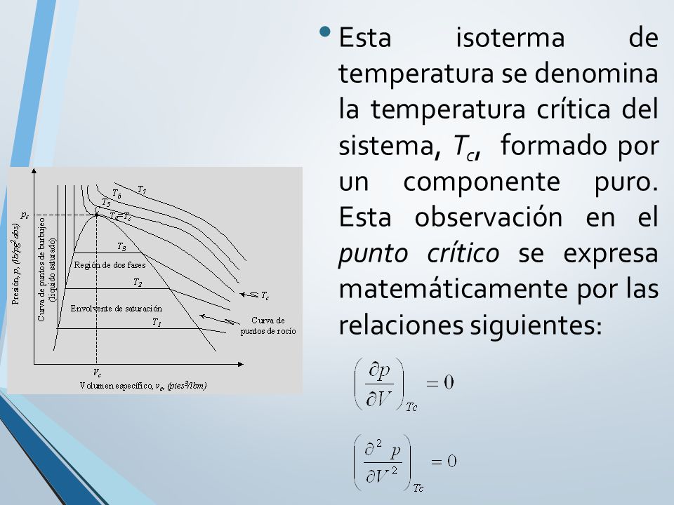 Esta isoterma de temperatura se denomina la temperatura crítica del sistema, Tc, formado por un componente puro.