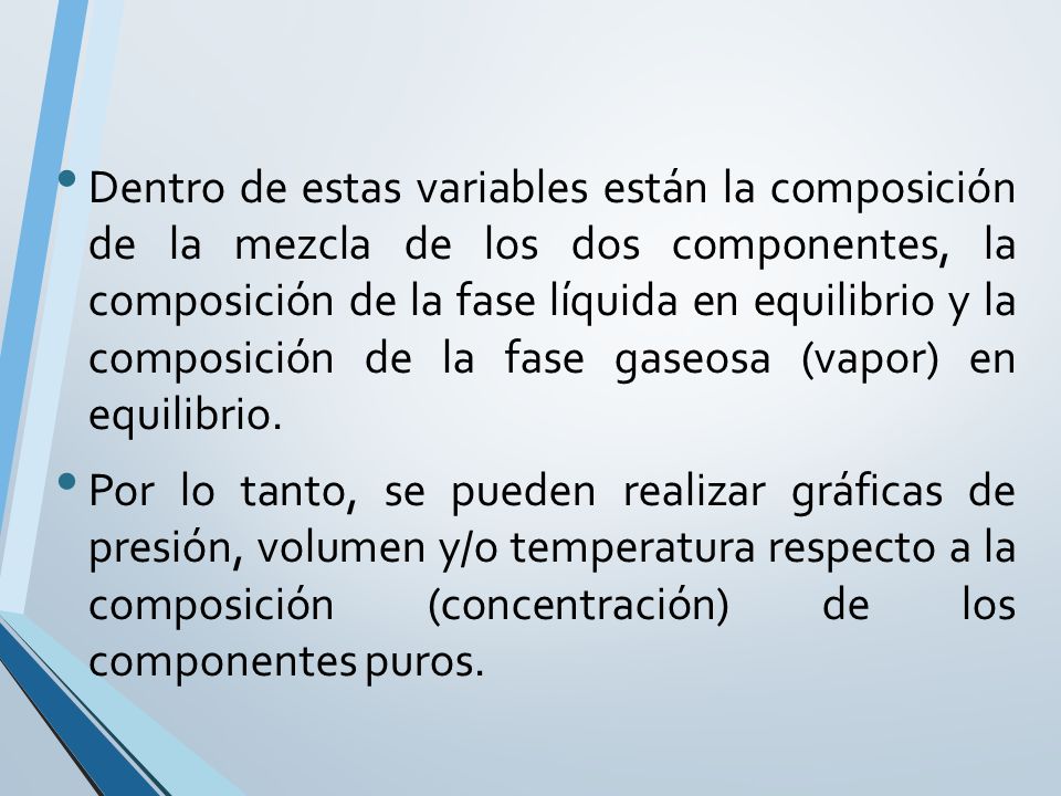 Dentro de estas variables están la composición de la mezcla de los dos componentes, la composición de la fase líquida en equilibrio y la composición de la fase gaseosa (vapor) en equilibrio.