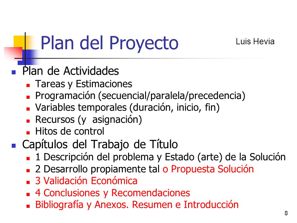 Plan del Proyecto Plan de Actividades Capítulos del Trabajo de Título