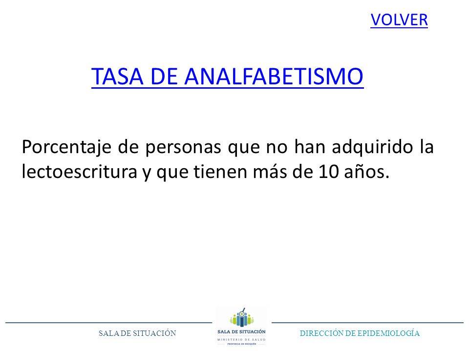 VOLVER TASA DE ANALFABETISMO. Porcentaje de personas que no han adquirido la lectoescritura y que tienen más de 10 años.