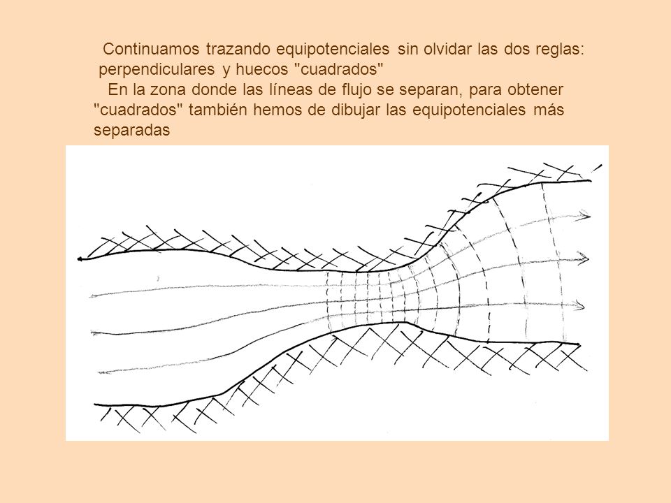Continuamos trazando equipotenciales sin olvidar las dos reglas: perpendiculares y huecos cuadrados En la zona donde las líneas de flujo se separan, para obtener cuadrados también hemos de dibujar las equipotenciales más separadas
