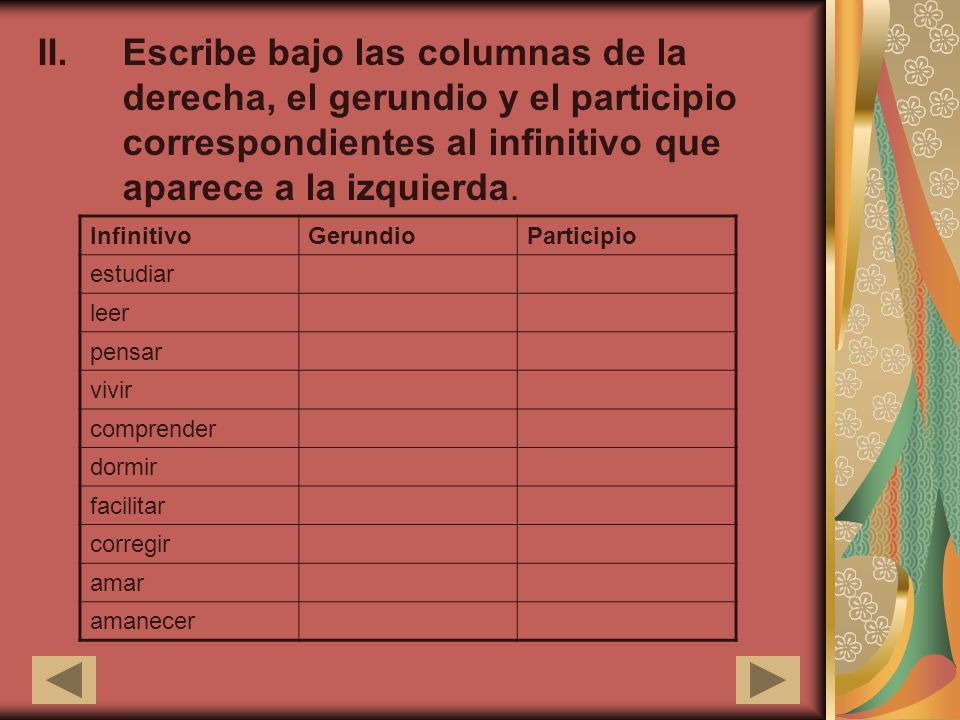 Escribe bajo las columnas de la derecha, el gerundio y el participio correspondientes al infinitivo que aparece a la izquierda.