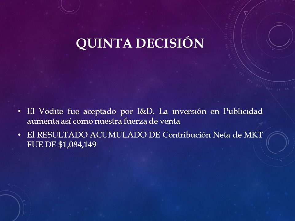 QUINTA DECISIÓN El Vodite fue aceptado por I&D. La inversión en Publicidad aumenta así como nuestra fuerza de venta.